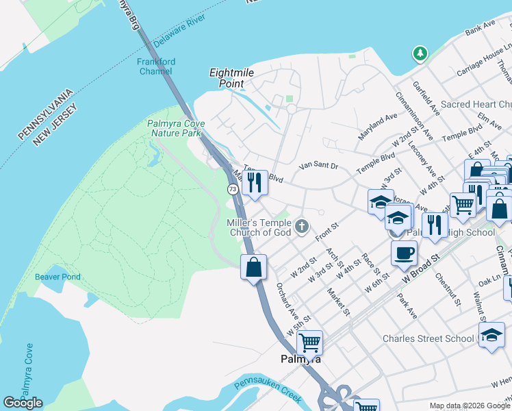 map of restaurants, bars, coffee shops, grocery stores, and more near 1005 Market Street in Palmyra