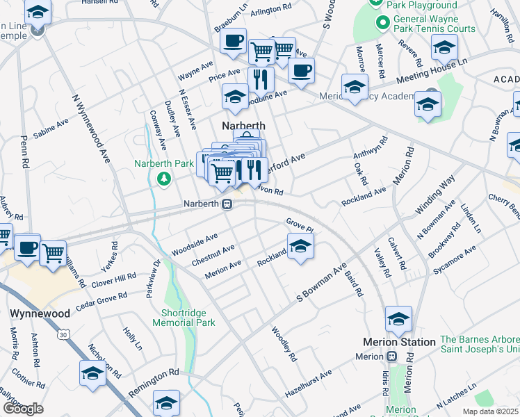 map of restaurants, bars, coffee shops, grocery stores, and more near 103 South Narberth Avenue in Narberth