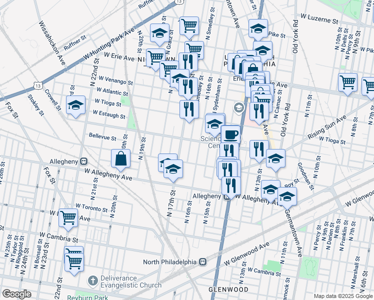 map of restaurants, bars, coffee shops, grocery stores, and more near 3336 North Smedley Street in Philadelphia