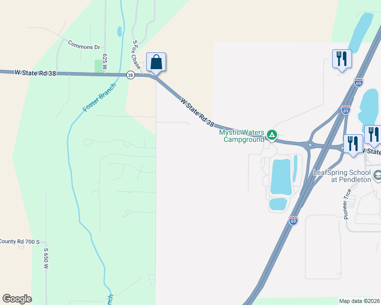 map of restaurants, bars, coffee shops, grocery stores, and more near 5729 Indiana 38 in Pendleton