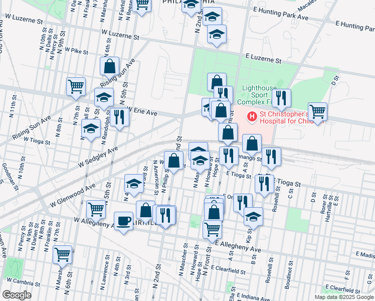 map of restaurants, bars, coffee shops, grocery stores, and more near 186 West Glenwood Avenue in Philadelphia