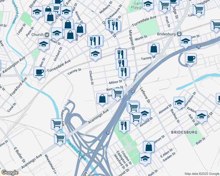 map of restaurants, bars, coffee shops, grocery stores, and more near 4516 Bermuda Street in Philadelphia