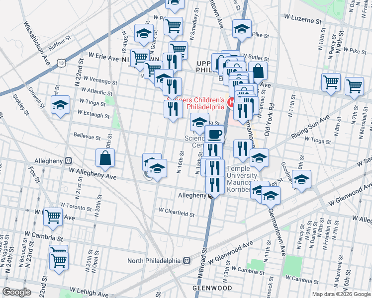 map of restaurants, bars, coffee shops, grocery stores, and more near 1614 West Ontario Street in Philadelphia