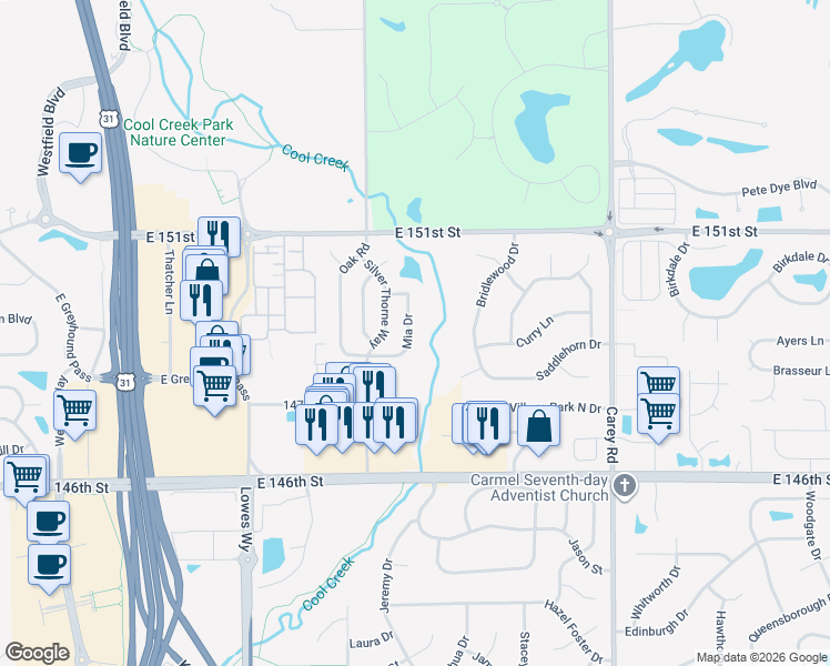 map of restaurants, bars, coffee shops, grocery stores, and more near 14960 Mia Drive in Carmel
