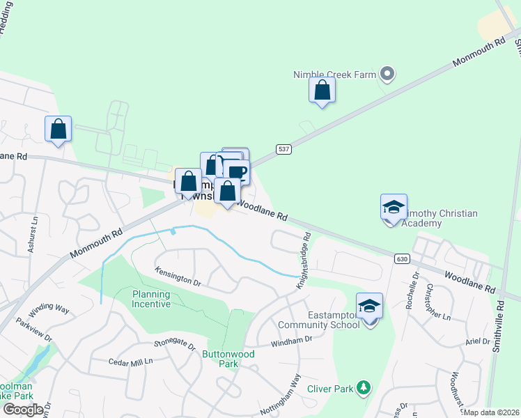 map of restaurants, bars, coffee shops, grocery stores, and more near 1311 Woodlane Road in Eastampton Township