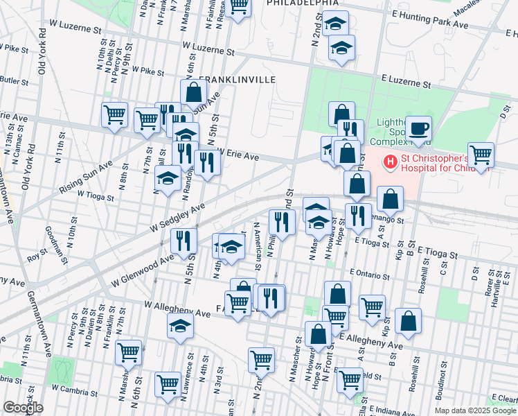 map of restaurants, bars, coffee shops, grocery stores, and more near 221 West Glenwood Avenue in Philadelphia