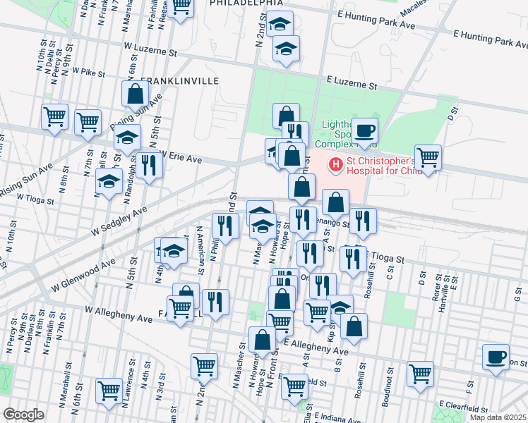 map of restaurants, bars, coffee shops, grocery stores, and more near 2 West Glenwood Avenue in Philadelphia