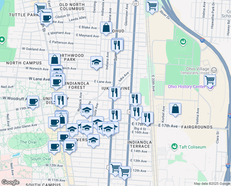 map of restaurants, bars, coffee shops, grocery stores, and more near 2034 Iuka Avenue in Columbus