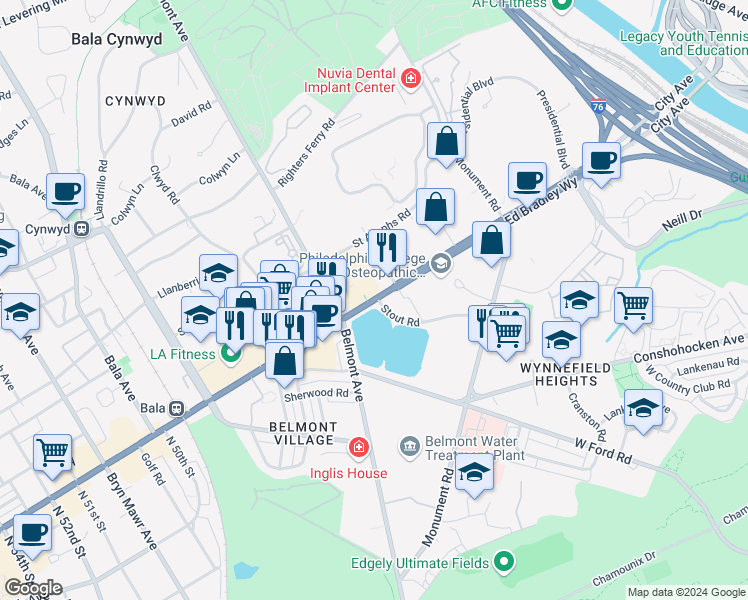 map of restaurants, bars, coffee shops, grocery stores, and more near 4703 City Avenue in Bala Cynwyd