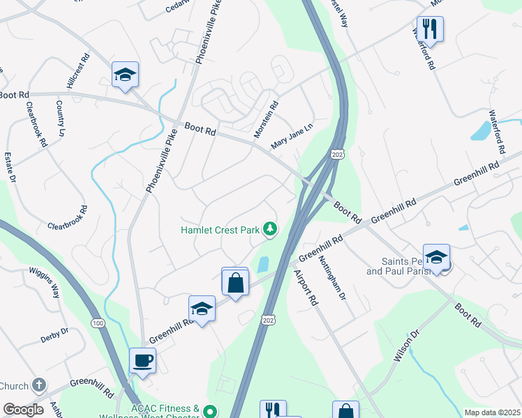 map of restaurants, bars, coffee shops, grocery stores, and more near 1229 Hamlet Hill Drive in West Chester
