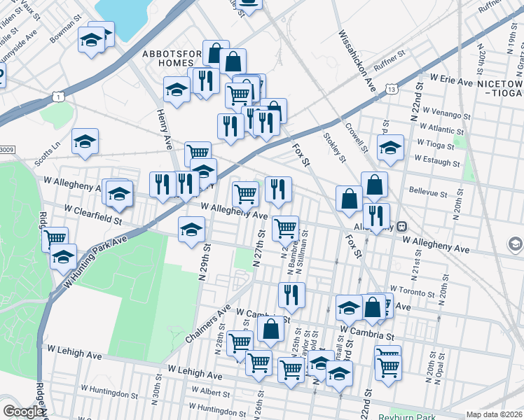 map of restaurants, bars, coffee shops, grocery stores, and more near 3223 North Etting Street in Philadelphia