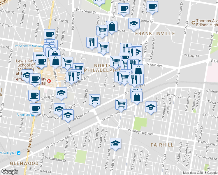 map of restaurants, bars, coffee shops, grocery stores, and more near 725 West Schiller Street in Philadelphia