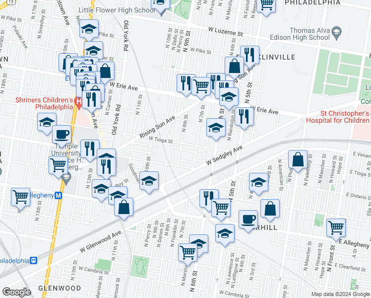 map of restaurants, bars, coffee shops, grocery stores, and more near 731 West Schiller Street in Philadelphia