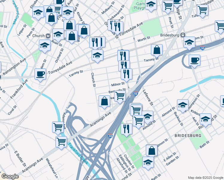 map of restaurants, bars, coffee shops, grocery stores, and more near 4516 Bermuda Street in Philadelphia