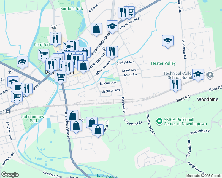 map of restaurants, bars, coffee shops, grocery stores, and more near 341 Jackson Avenue in Downingtown