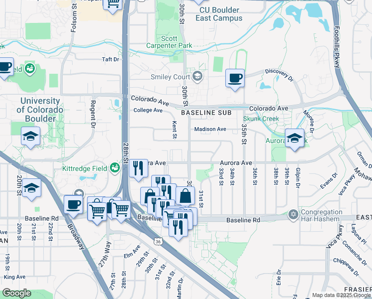 map of restaurants, bars, coffee shops, grocery stores, and more near 995 30th Street in Boulder