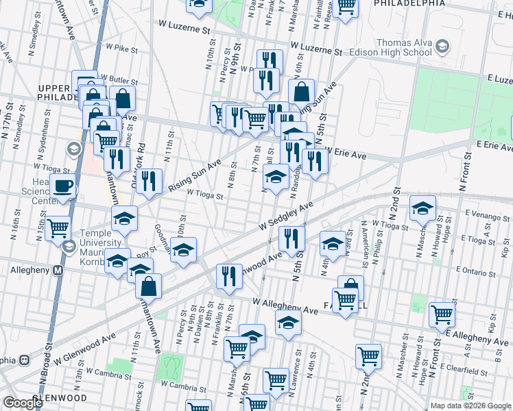 map of restaurants, bars, coffee shops, grocery stores, and more near 3509 North 7th Street in Philadelphia