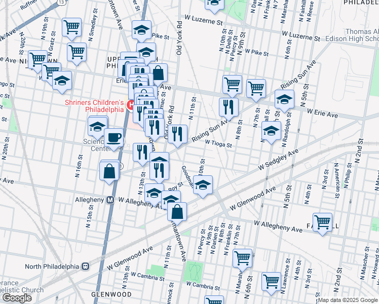 map of restaurants, bars, coffee shops, grocery stores, and more near 1043 West Russell Street in Philadelphia