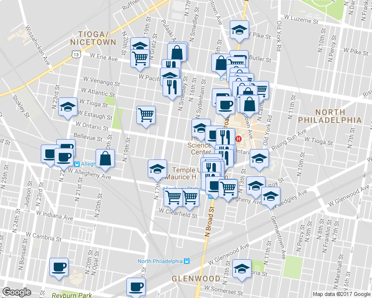 map of restaurants, bars, coffee shops, grocery stores, and more near 1614 West Ontario Street in Philadelphia