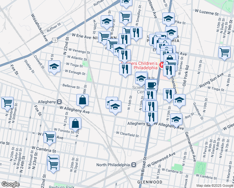 map of restaurants, bars, coffee shops, grocery stores, and more near 3338 North 17th Street in Philadelphia
