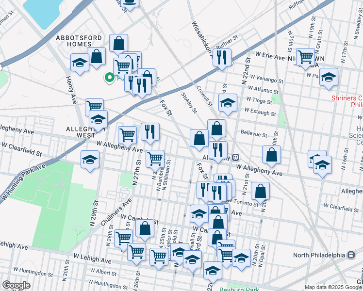 map of restaurants, bars, coffee shops, grocery stores, and more near 3203 Fox Street in Philadelphia