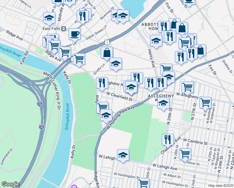 map of restaurants, bars, coffee shops, grocery stores, and more near in Philadelphia