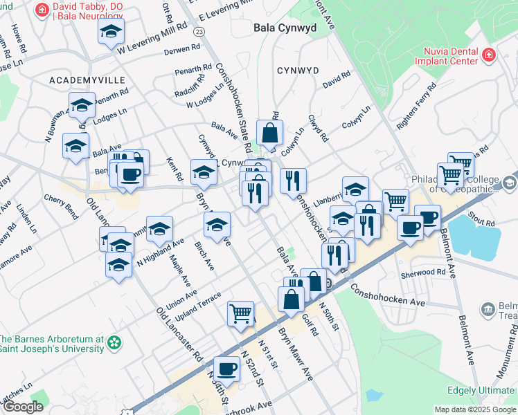 map of restaurants, bars, coffee shops, grocery stores, and more near in Bala Cynwyd
