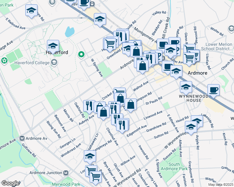 map of restaurants, bars, coffee shops, grocery stores, and more near 1 West Spring Avenue in Ardmore