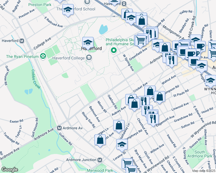 map of restaurants, bars, coffee shops, grocery stores, and more near 505 Village Sussex Road in Ardmore