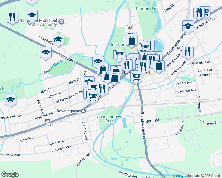 map of restaurants, bars, coffee shops, grocery stores, and more near 41 West Lancaster Avenue in Downingtown
