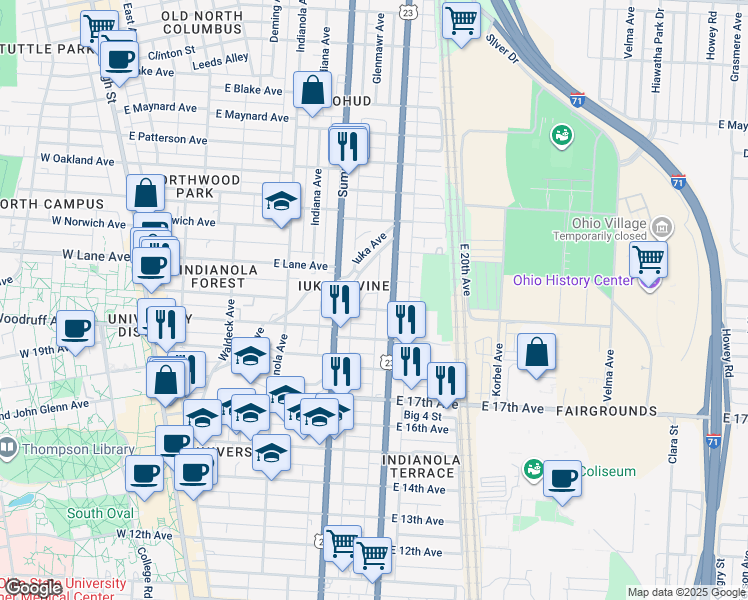 map of restaurants, bars, coffee shops, grocery stores, and more near 2086 Iuka Avenue in Columbus