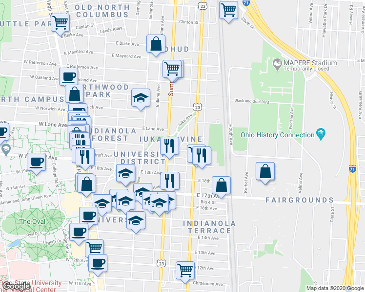 map of restaurants, bars, coffee shops, grocery stores, and more near 2086 Iuka Avenue in Columbus