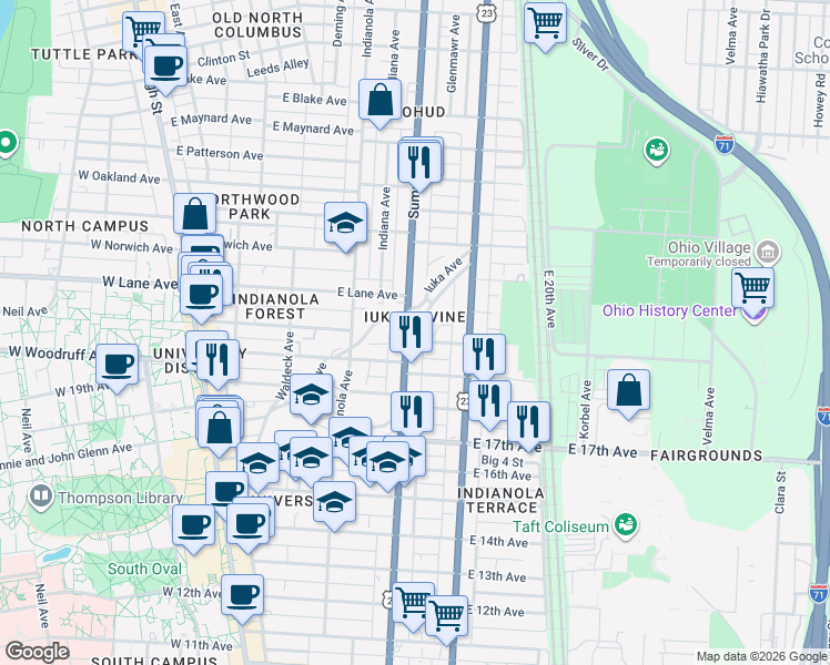 map of restaurants, bars, coffee shops, grocery stores, and more near in Columbus