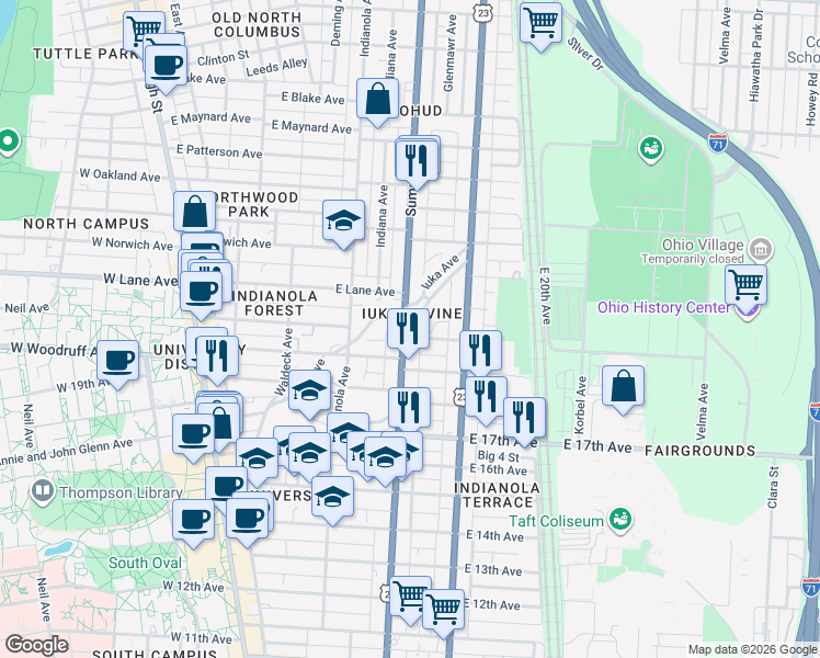 map of restaurants, bars, coffee shops, grocery stores, and more near in Columbus