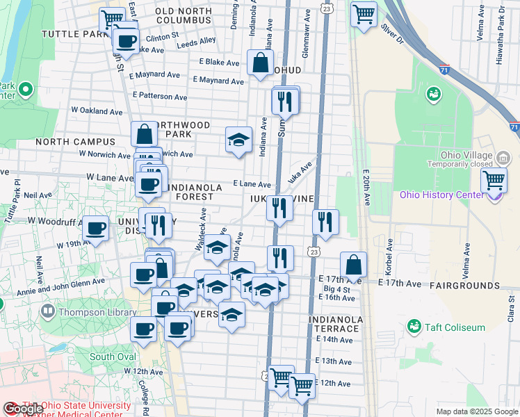 map of restaurants, bars, coffee shops, grocery stores, and more near in Columbus