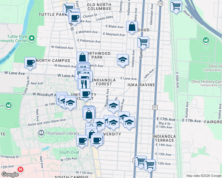 map of restaurants, bars, coffee shops, grocery stores, and more near in Columbus
