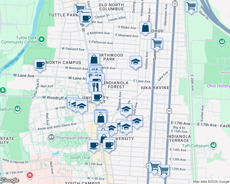 map of restaurants, bars, coffee shops, grocery stores, and more near in Columbus
