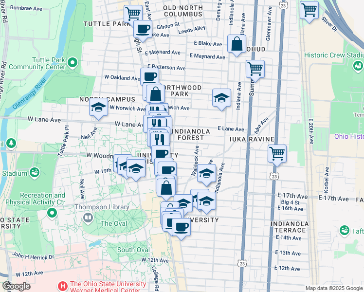 map of restaurants, bars, coffee shops, grocery stores, and more near 72 Frambes Avenue in Columbus