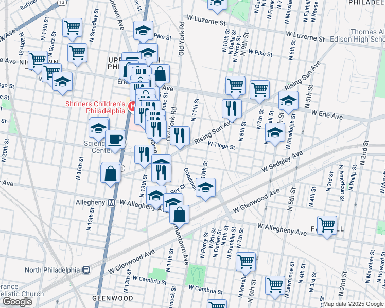 map of restaurants, bars, coffee shops, grocery stores, and more near 1043 West Russell Street in Philadelphia