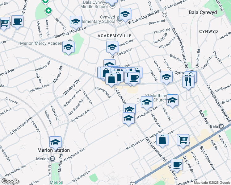 map of restaurants, bars, coffee shops, grocery stores, and more near 314 Old Lancaster Road in Merion Station