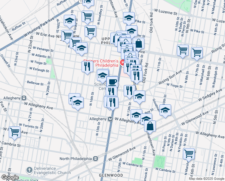 map of restaurants, bars, coffee shops, grocery stores, and more near 1410 West Ontario Street in Philadelphia