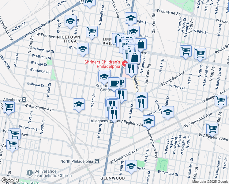 map of restaurants, bars, coffee shops, grocery stores, and more near 1410 West Ontario Street in Philadelphia
