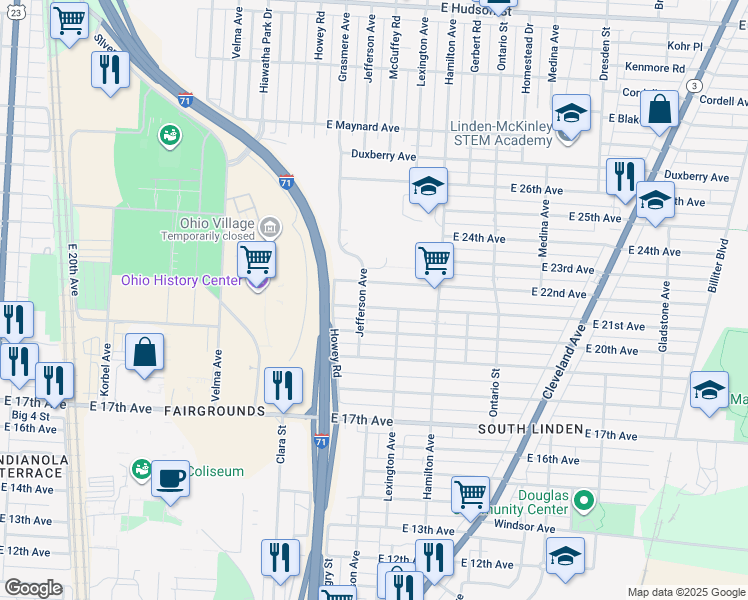 map of restaurants, bars, coffee shops, grocery stores, and more near in Columbus