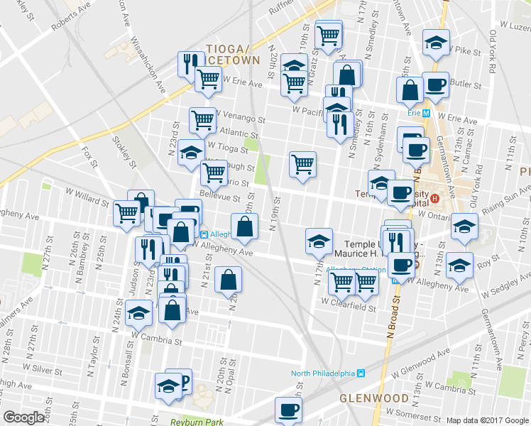 map of restaurants, bars, coffee shops, grocery stores, and more near 3311 North Uber Street in Philadelphia