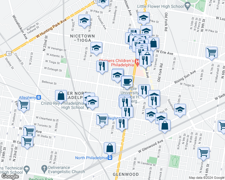 map of restaurants, bars, coffee shops, grocery stores, and more near 3348 North Sydenham Street in Philadelphia