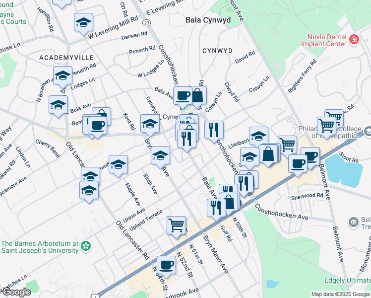 map of restaurants, bars, coffee shops, grocery stores, and more near 200 Bala Avenue in Bala Cynwyd