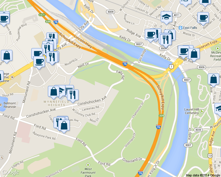 map of restaurants, bars, coffee shops, grocery stores, and more near 3599 Conshohocken Avenue in Philadelphia