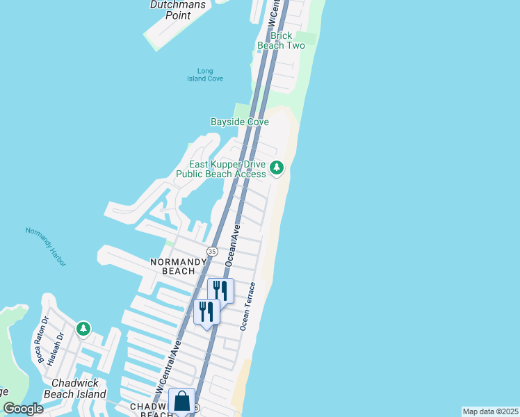 map of restaurants, bars, coffee shops, grocery stores, and more near 121 Deauville Drive in Mantoloking