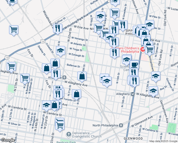 map of restaurants, bars, coffee shops, grocery stores, and more near 3311 North Uber Street in Philadelphia