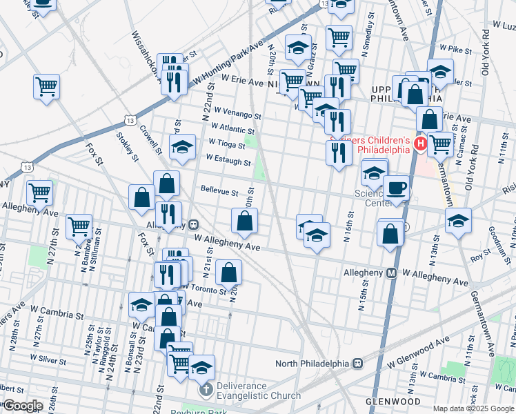 map of restaurants, bars, coffee shops, grocery stores, and more near 3310 North Uber Street in Philadelphia